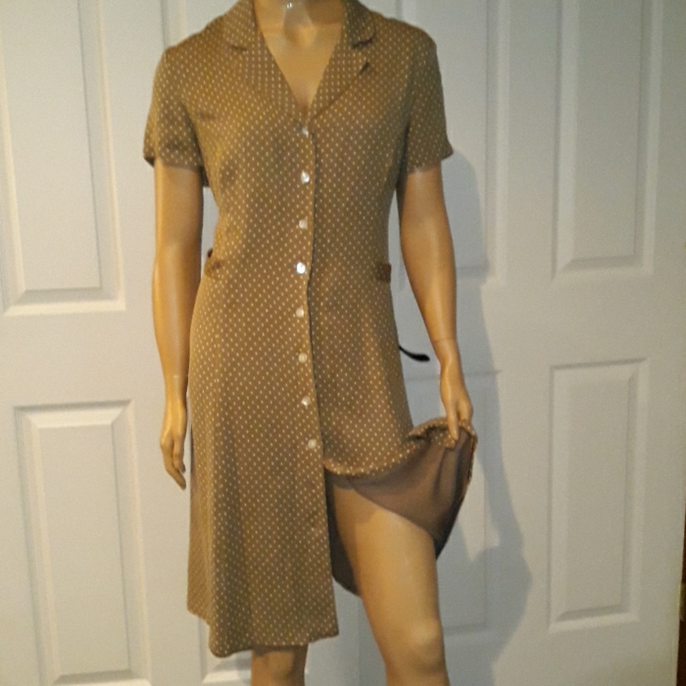 Tan Polka Dot Short Sleeve Button Front Dress 16